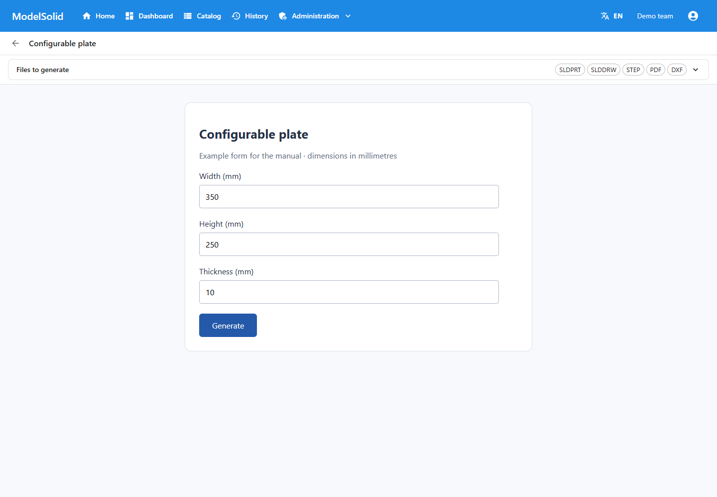 Example form with request inputs and options.