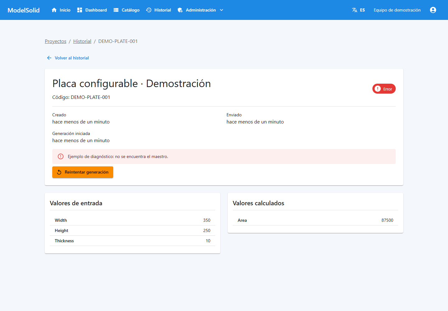 Código, diagnóstico y acción de reintento de una solicitud fallida.