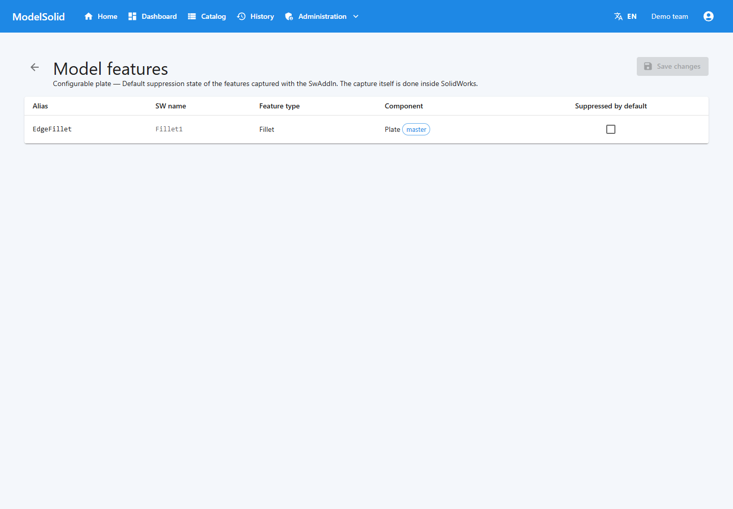 Features registered by Capture, viewed from the web application.