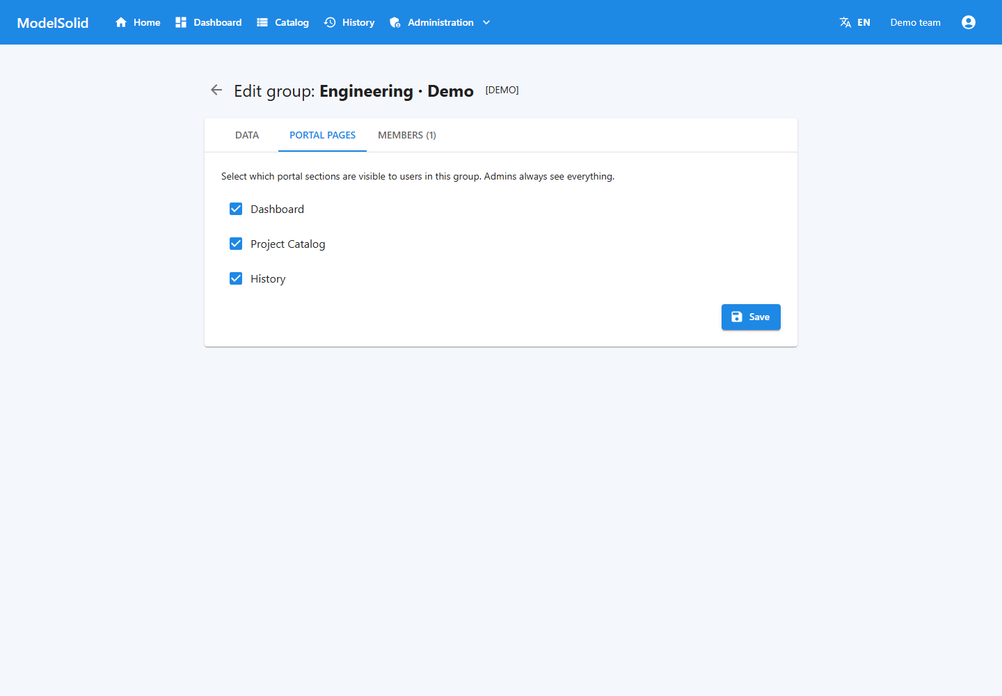 Portal pages allowed for the group.