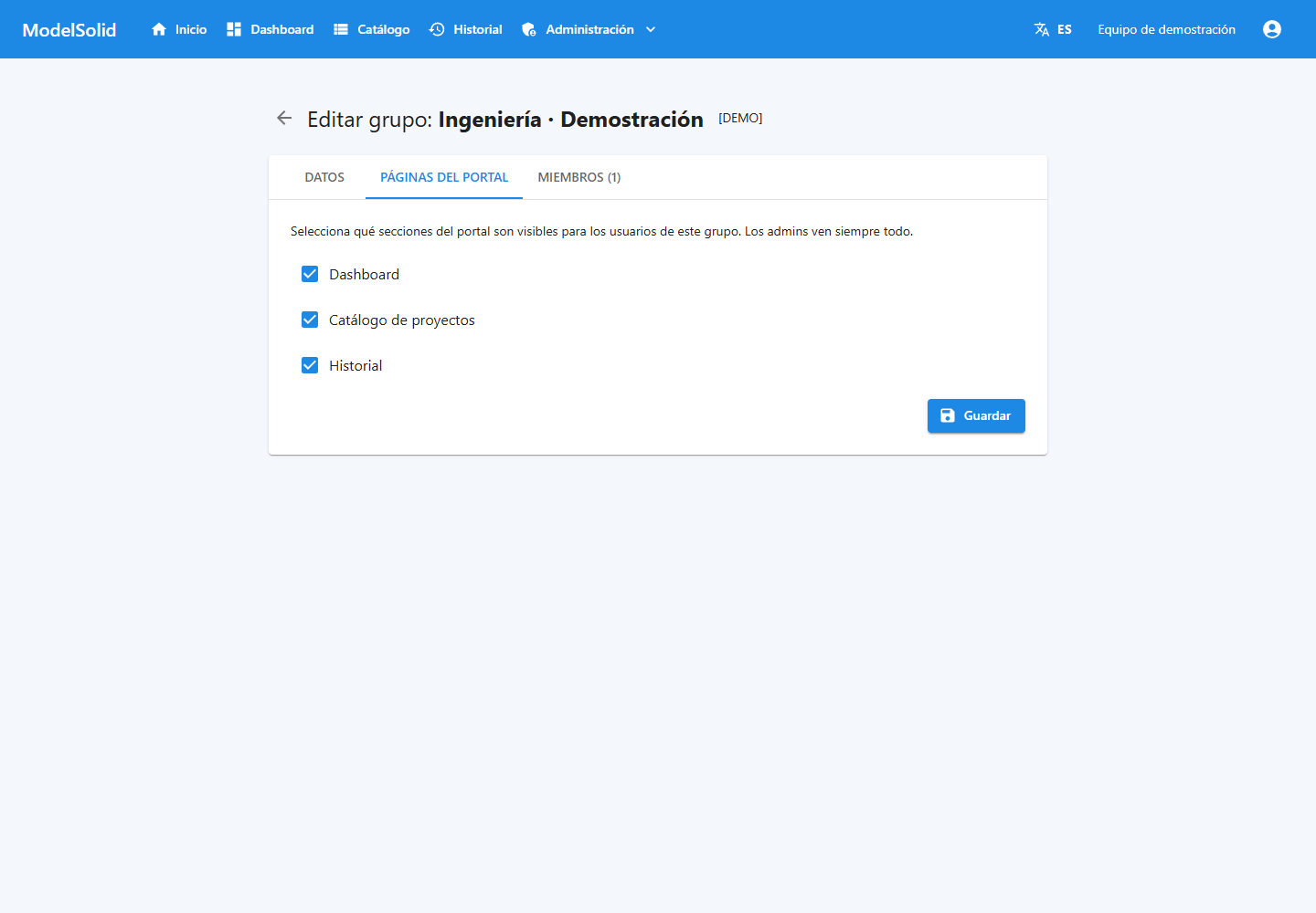 Páginas del portal permitidas para el grupo.