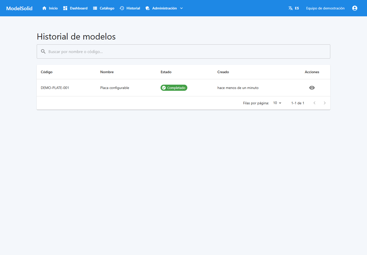 Historial para localizar la solicitud por código y estado.
