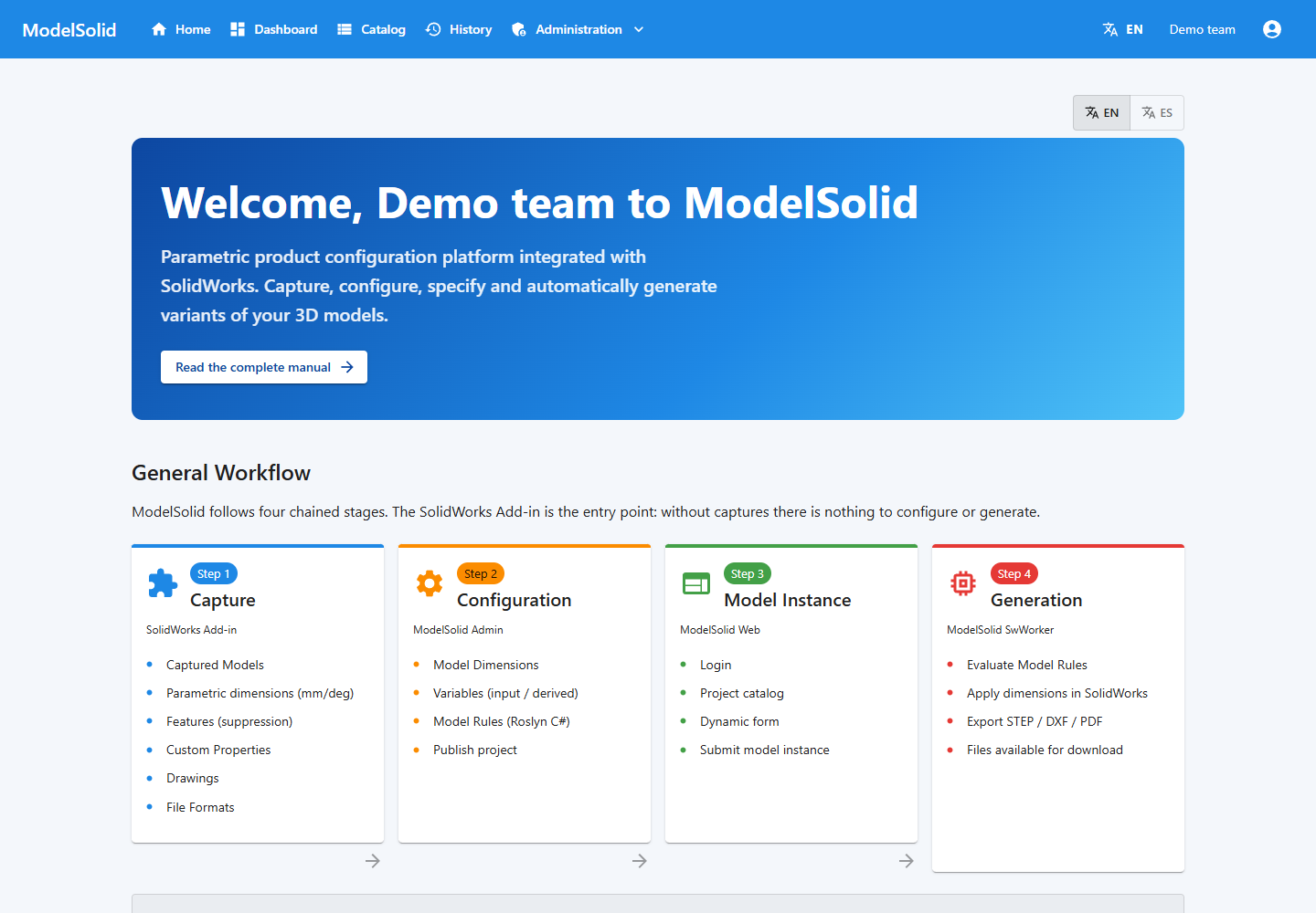 Home: entry points to ModelSolid features.