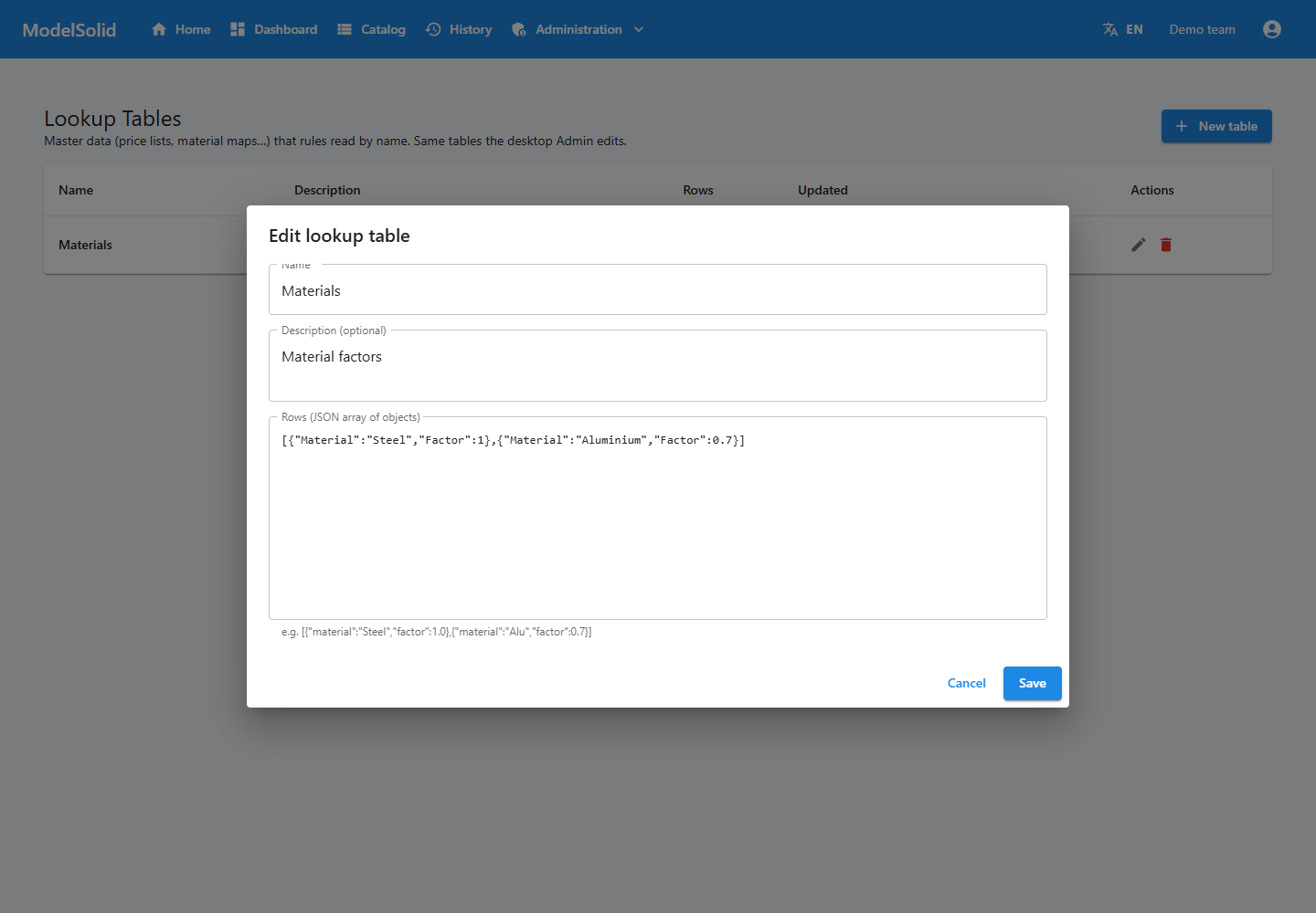 Lookup table editor with rows in JSON format.