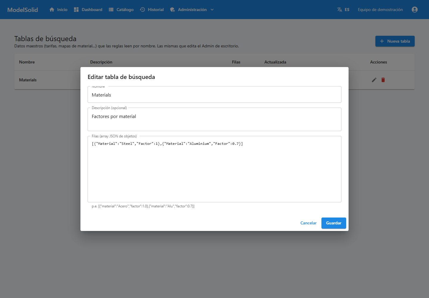 Editor de una tabla de búsqueda con filas en formato JSON.