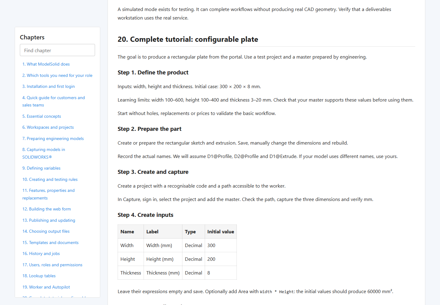 ModelSolid manual open at the configurable plate tutorial