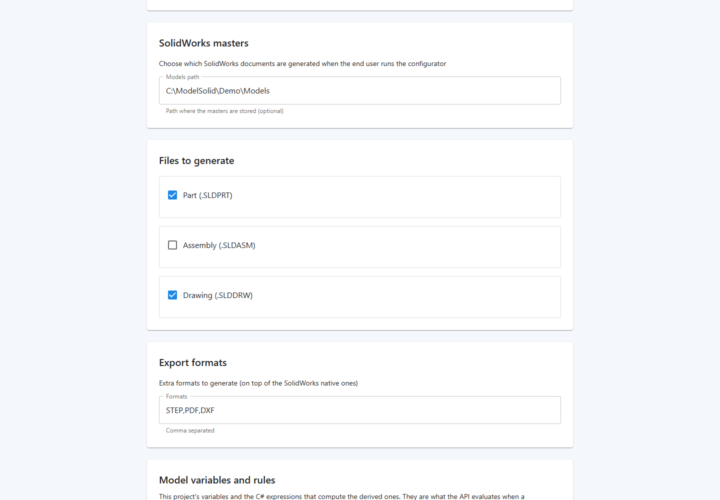 Master path and project output options in the web application.