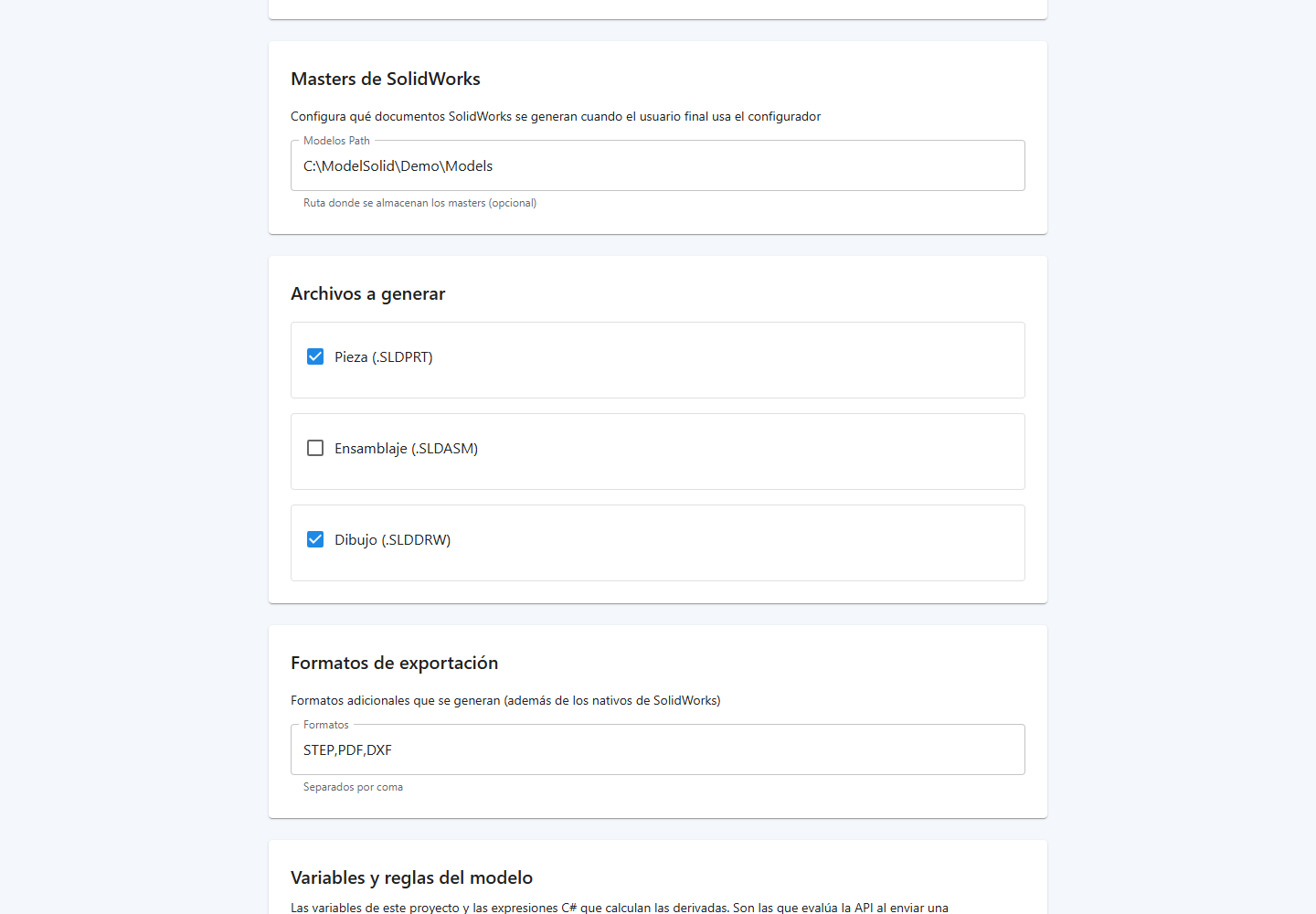 Ruta de maestros y opciones de salida del proyecto en la web.