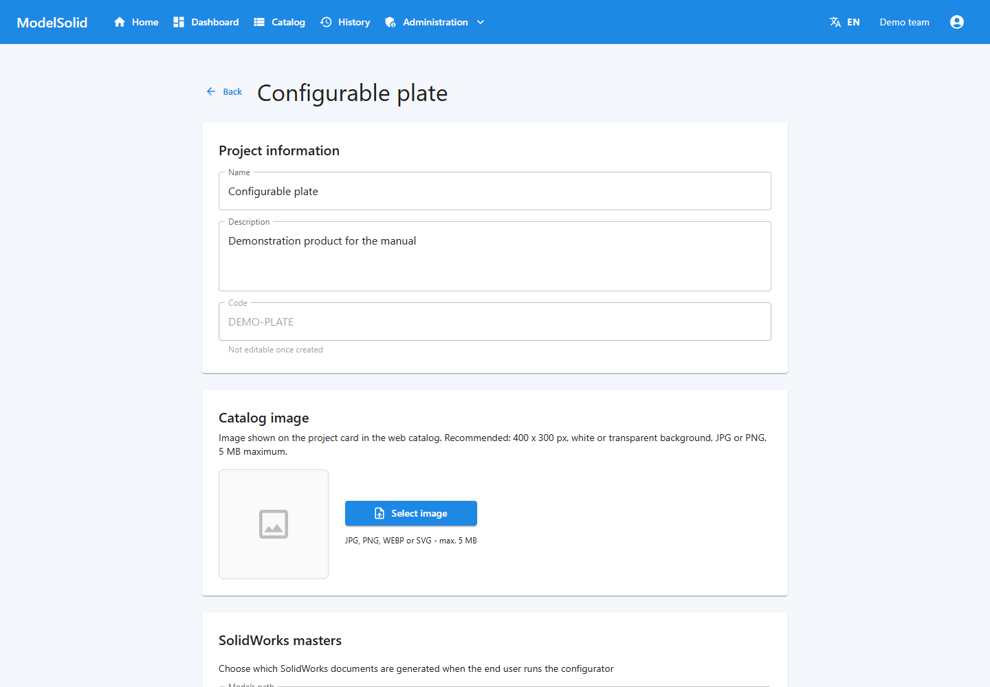 Project details: product name, code and configuration.