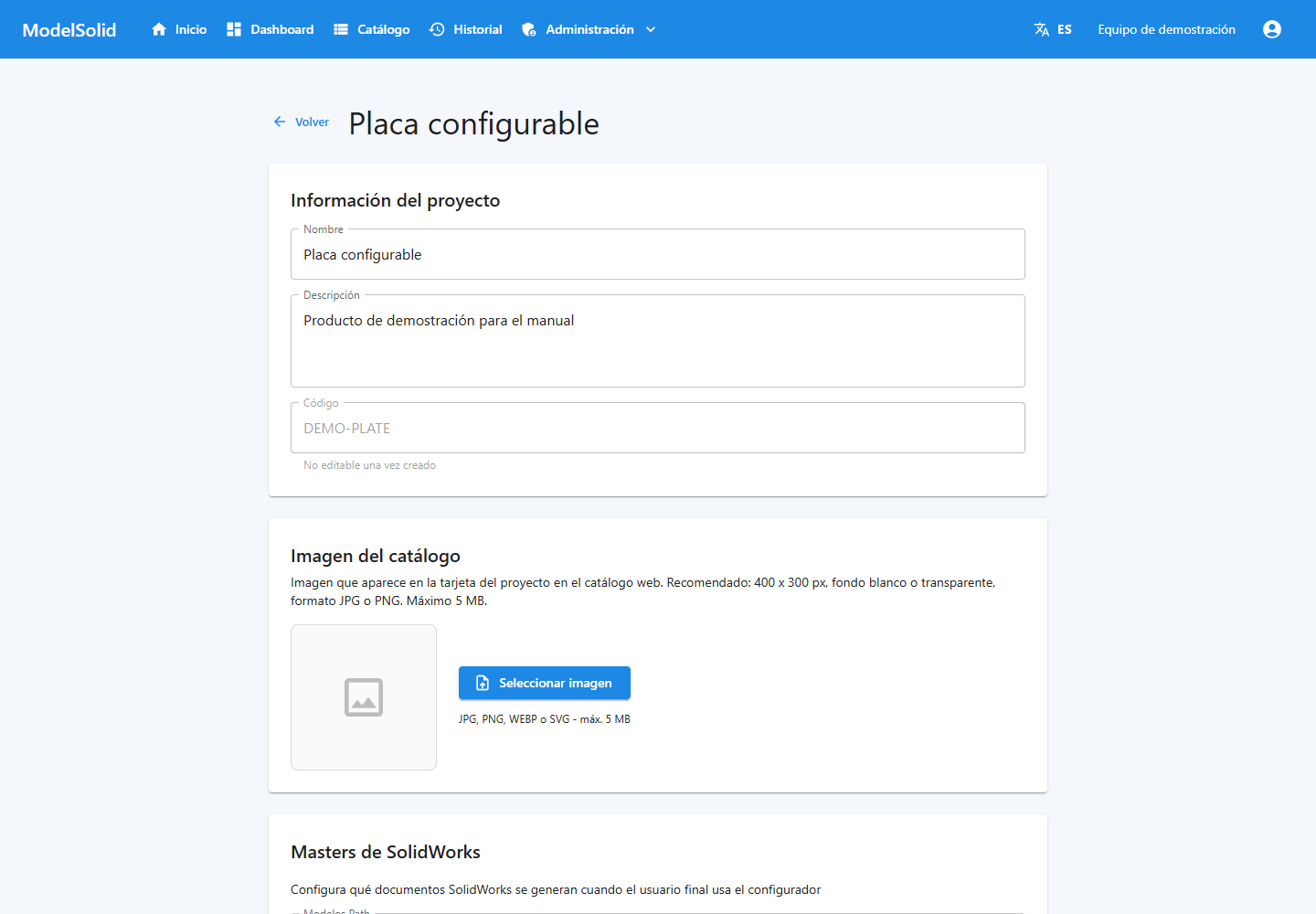 Ficha del proyecto: nombre, código y configuración del producto.