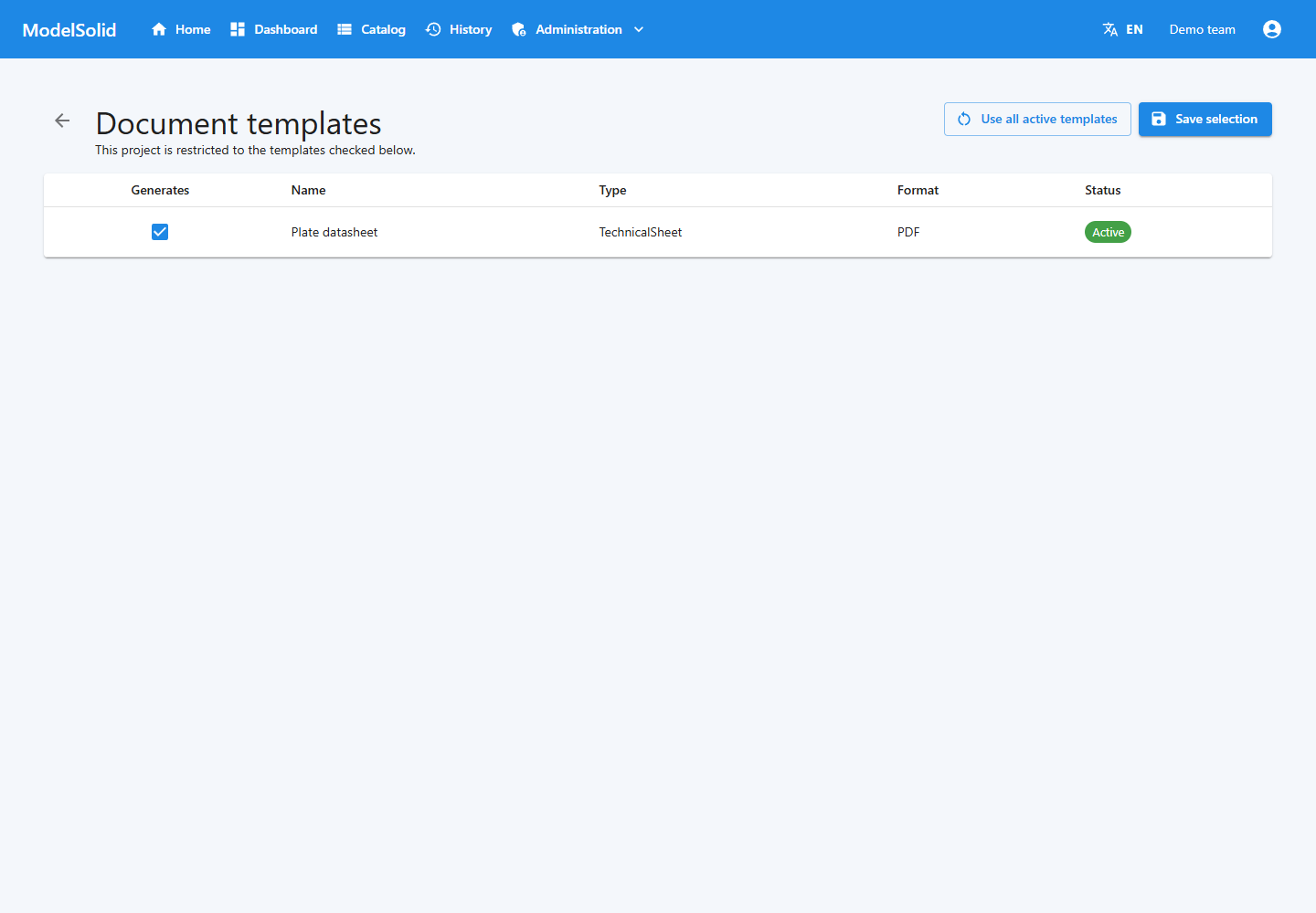 Templates selected to generate project documents.