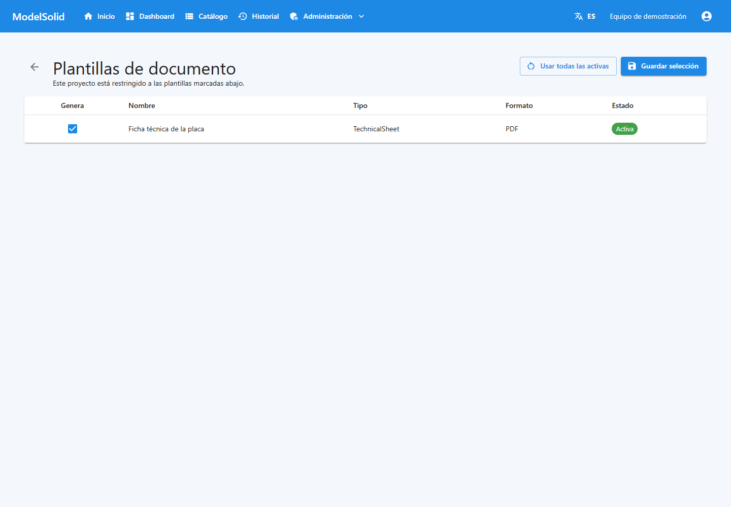 Plantillas seleccionadas para generar documentos del proyecto.