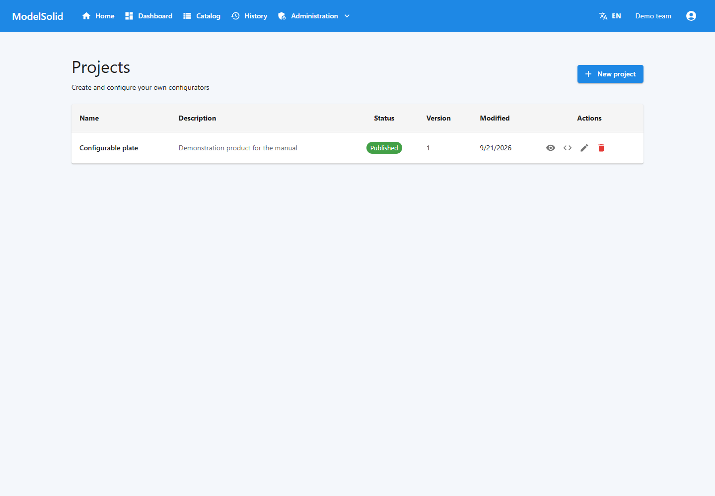 Web project list and publication status.