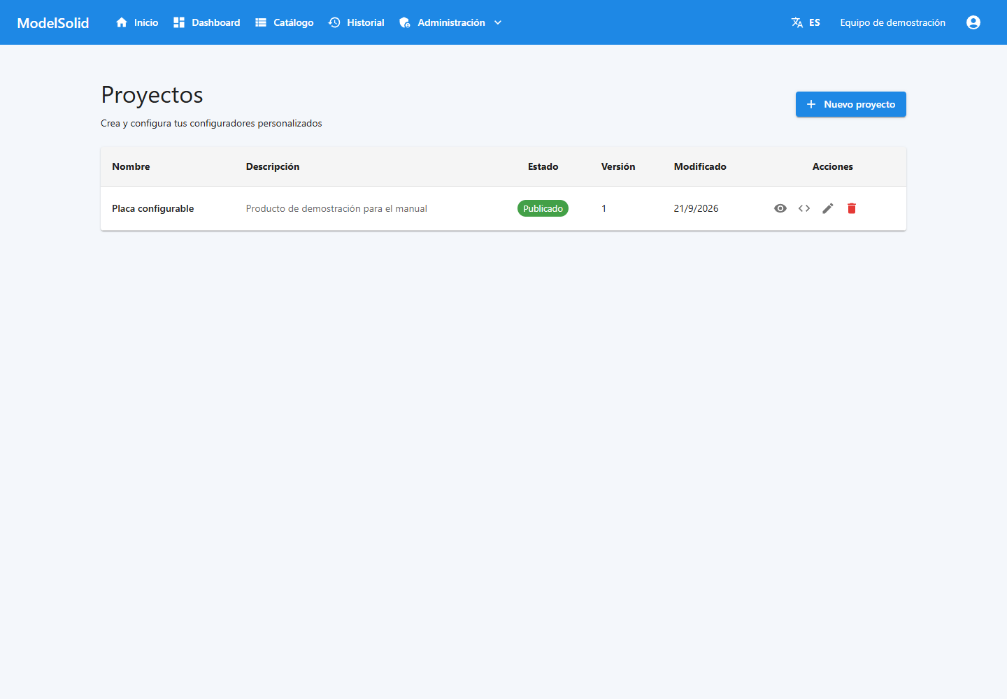 Lista web de proyectos y estado de publicación.