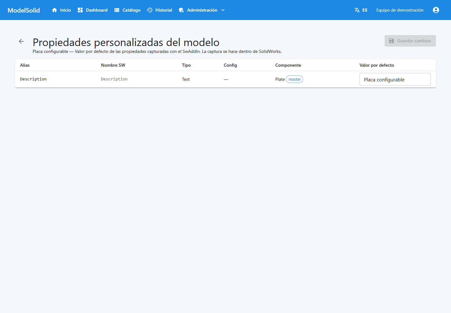 Propiedades capturadas y sus valores por defecto.