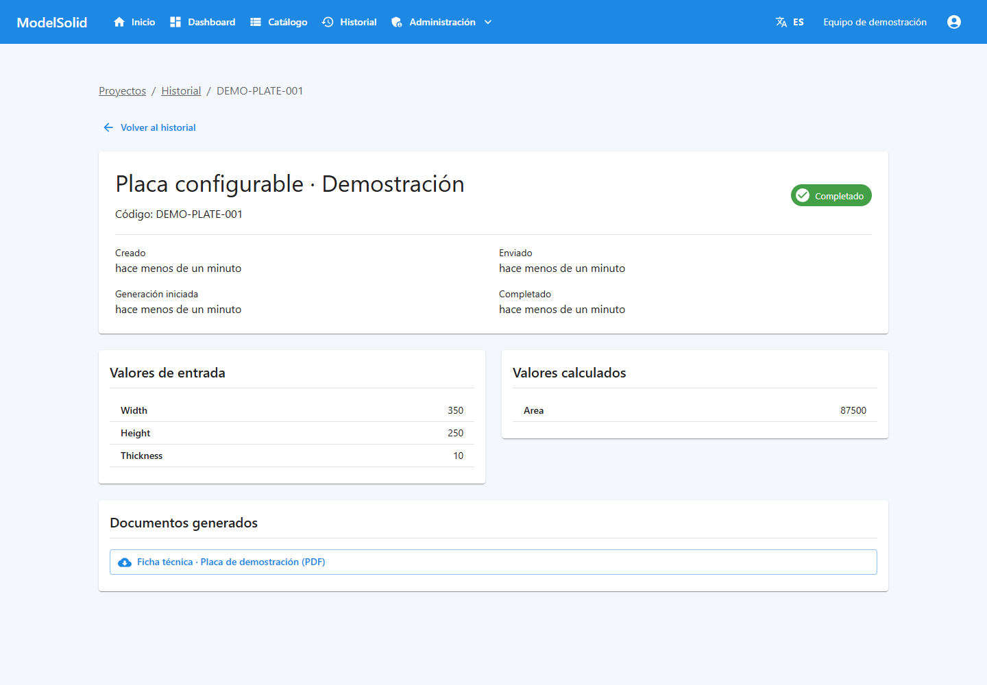 Detalle de una solicitud de demostración y sus resultados.