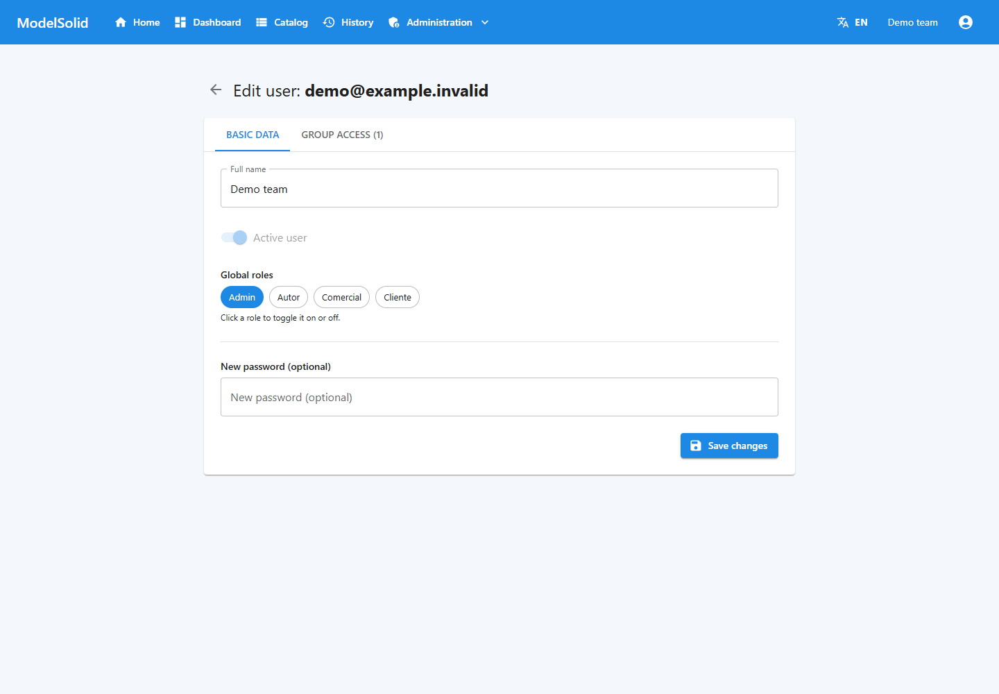 User details and role assignment.