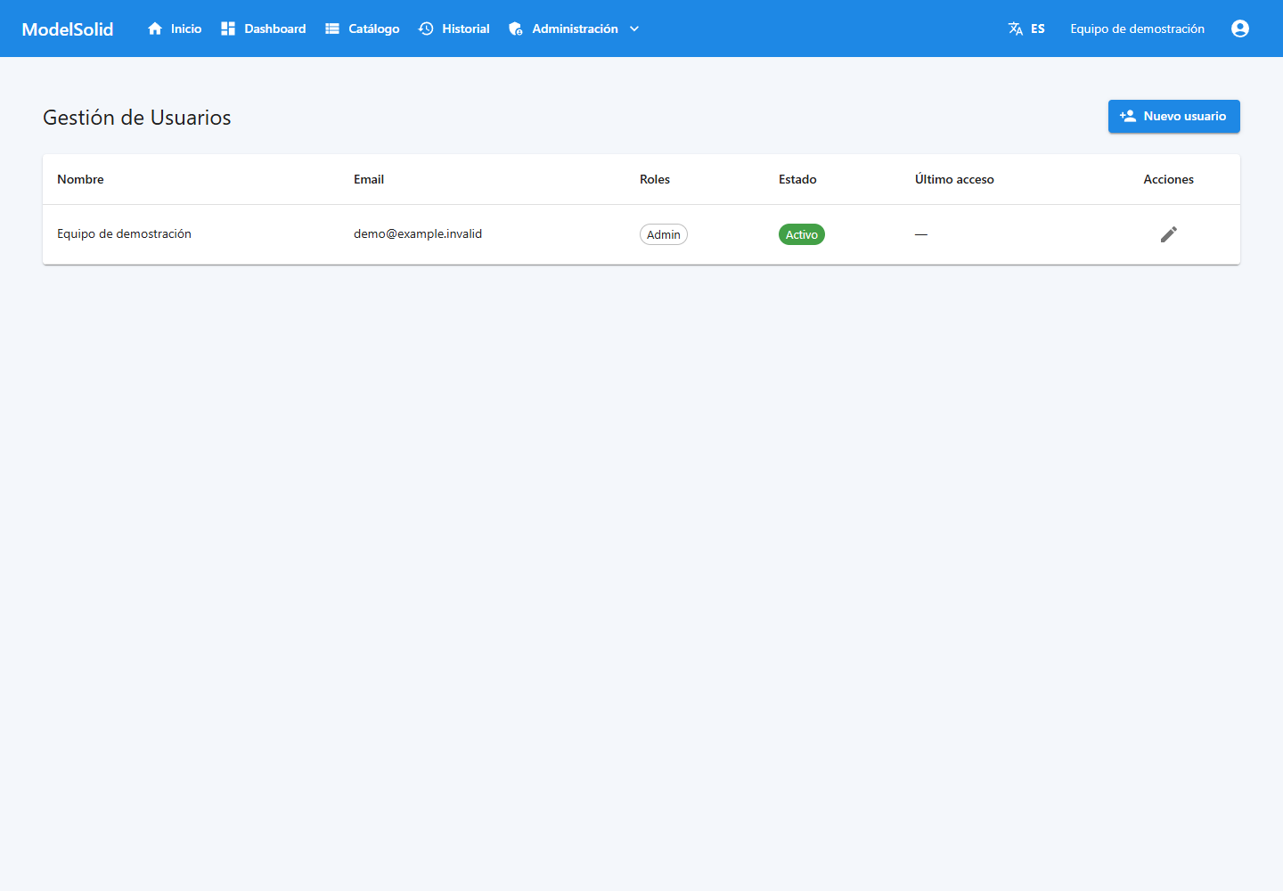 Administración de usuarios y acceso a Nuevo usuario.