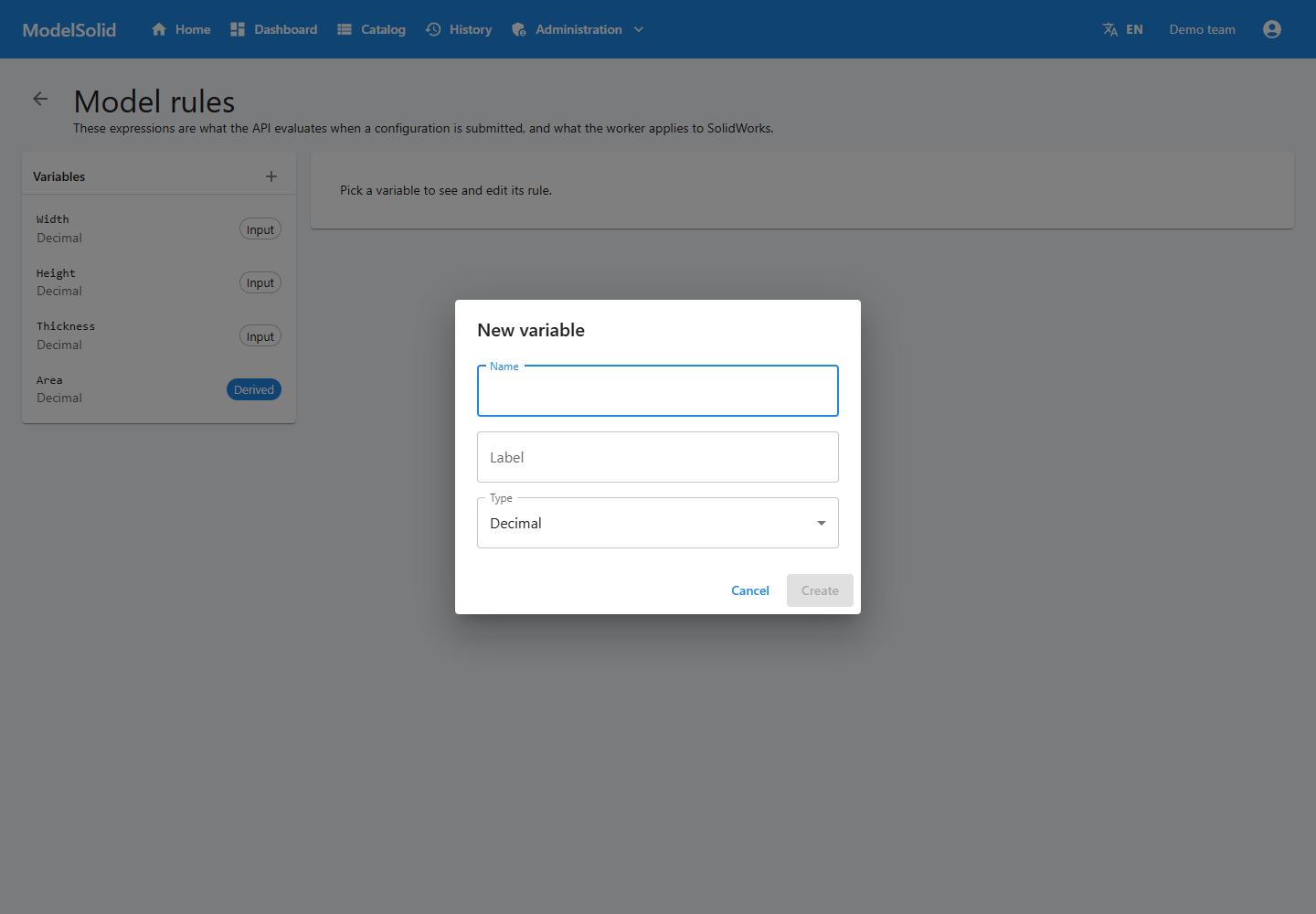 Variable creation dialog in the portal.