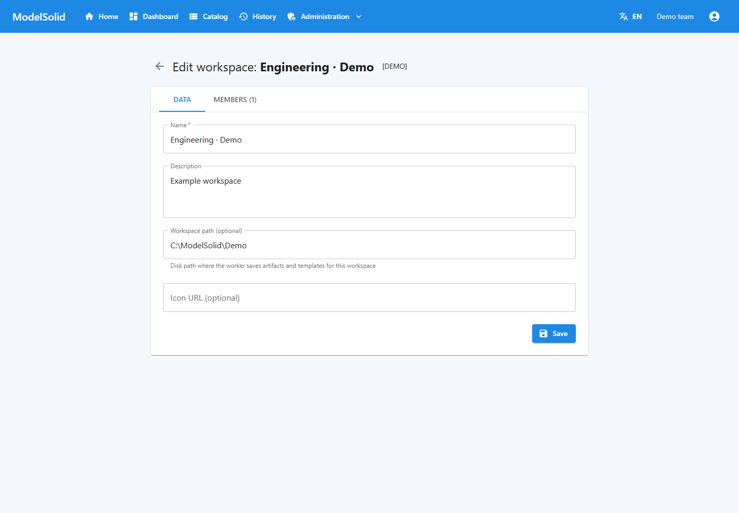 Workspace details and configured path.