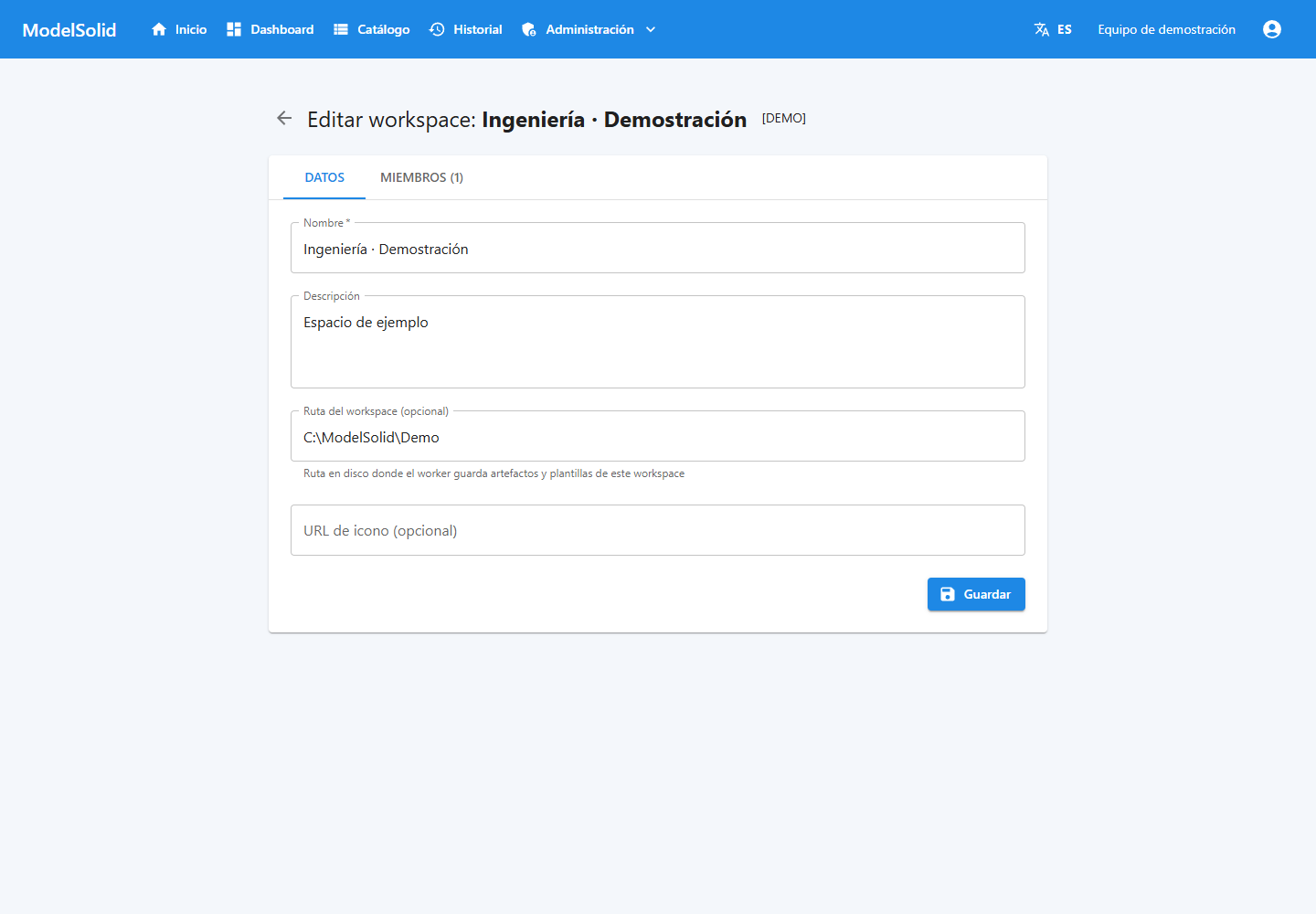 Datos y ruta configurada del workspace.